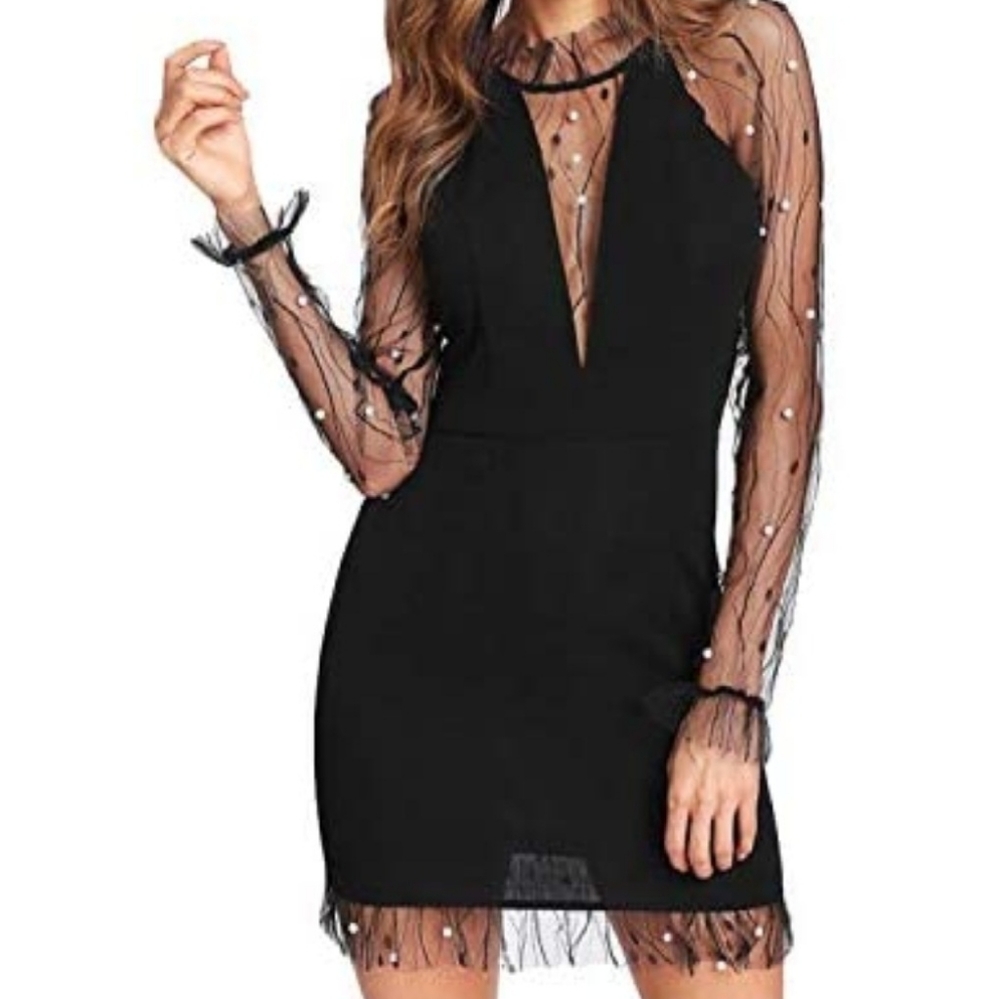 Sexy Mesh Faux Pearl Bodycon Dress XS